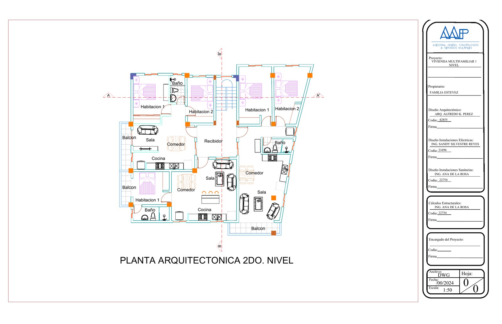 Planta arquitectónica del segundo nivel de vivienda multifamiliar